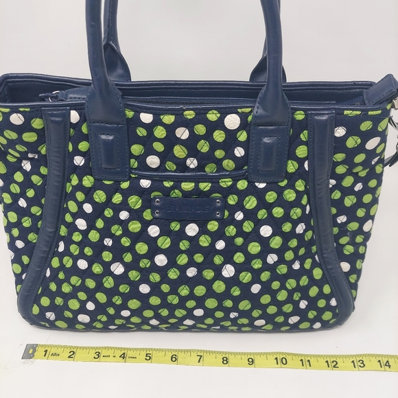 Vera Bradley Lucky Dots Trapeze Tote Navy Blue With Green White Polka Dots - Picture 9 of 12